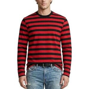 Zengjo Men's Long-Sleeve T-Shirt X-SMALL Red and Black Cotton Striped Crewneck